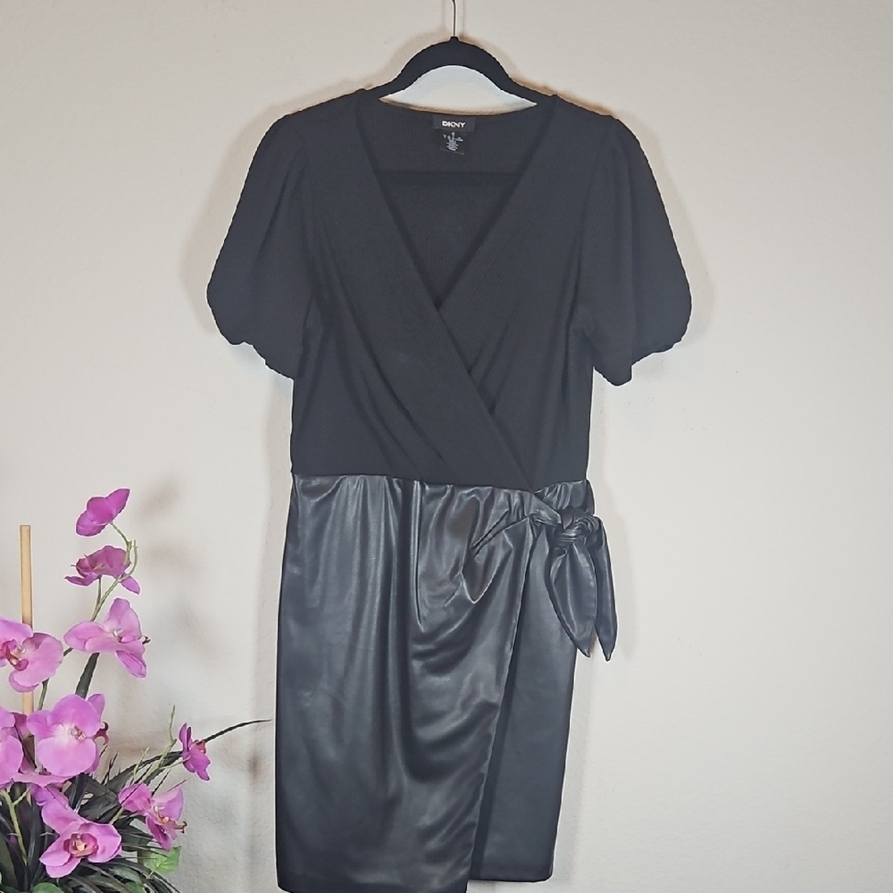 DKNY Black Wrap Dress. Knit Top. Faux Leather Wrap Skirt. Size 8